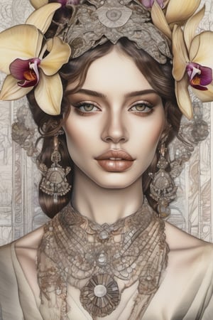 watercolor drawing, photorealism, pharaonic, high fashion, brown-haired, transparent, sensual lips, alluring gaze, floral embroidery, dark botanical, digital-art, elaboration, high detail, delicate sensuality ,glass and stone, intricate details, bright and large orchids bohemian, elegant, aesthetic, lineout, surrealism, realistic, high quality, work of art, hyper-detailed, professional, filigree, hazy, super-detailed