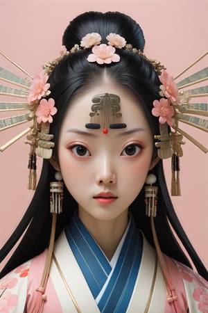 {{full_body}}, {{{straight on to viewer}}}, Oil painting of a beautiful 20 year old japanese girl with perfect skin, wearing traditional Yoroi Style Samurai Armor, huge eyes, super small nose and mouth, pale pink lips, extra long straight hair, soft color, dreamlike, surrealism, plain graduated pale background, intricate details, 3D rendering, octane rendering. Art in pop surrealism lowbrow creepy cute style. Inspired by Ray Caesar. Vintage art, {{{delicate japanese patterned background}}}, opaque colors, light grain, indirect lighting.