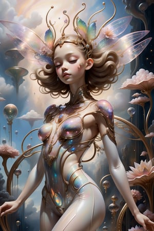 "((Serene girl)) adorned in a transparent plugsuit, delicate crystal wings extending gracefully, immersed in an alien landscape, clouds forming a celestial ballet, exotic flora adding to the dreamlike atmosphere.",more detail XL