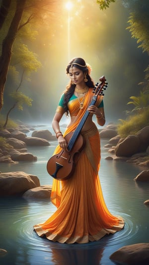 best quality, masterpiece,	
Saraswati is captured in a moment of divine inspiration by a peaceful river, her game fantasy apparel adorned with symbols of knowledge and music. The soft light highlights her serene beauty as she plays her veena, with a misty halo illuminating her presence, inviting wisdom and creativity.

ultra realistic illustration, siena natural ratio, ultra hd, realistic, vivid colors, highly detailed, UHD drawing, perfect composition, ultra hd, 8k, he has an inner glow, stunning, something that even doesn't exist, mythical being, energy, molecular, textures, iridescent and luminescent scales, breathtaking beauty, pure perfection, divine presence, unforgettable, impressive, breathtaking beauty, Volumetric light, auras, rays, vivid colors reflects.