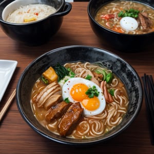ultra detailed 8k cg, japanese ramen, chopsticks, egg, steam, boken