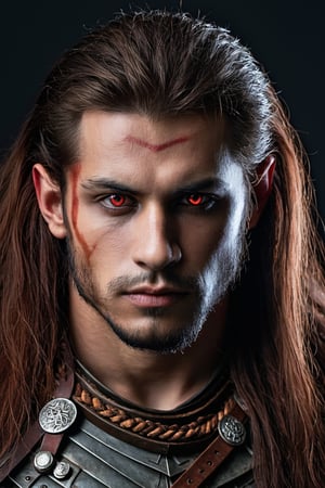 1man, ((blank background)), vibrant colors, head and shoulders portrait, long_hair, pale, red_eyes, warrior, werewolf