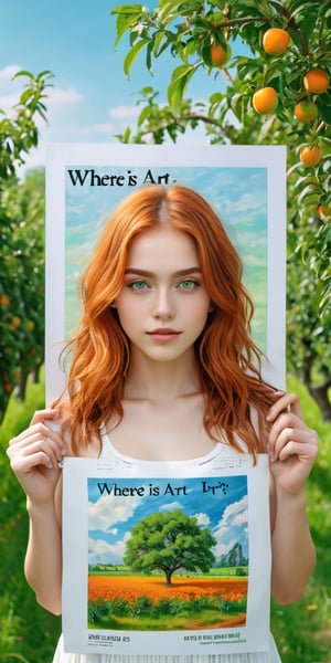 (masterpiece, best quality, ultra-detailed, 8K),high detail,
a young student model, with perfect female body,slim,green iridiscent eyes,orange hair,holding her Poster with the text ("Where Is Art?":1.6), in an orchard ,kind simile,bliss,joyful,cute,charming,,colorful,modelshoot style,