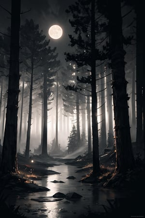 forest landscape, nighttime, moon, scenery, illustration, masterpiece, best quality, absurdres, highres, soothing tones, intricate details, low contrast, soft cinematic light, dim colors, exposure blend, hdr, faded, slate gray atmosphere