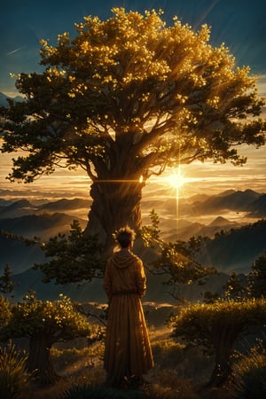 masterpiece:1.2, best quality:1.2, beautiful, high quality, extremely detailed, golden Ears of wheat, The giant world tree grows above the mist that spreads on the ground, the world tree is made of glass, transparent, glow,  no leaves, The back view of warrior boy standing at the top of a mountain. he is staring at the World Tree,dynamic angle. no humans,blurry_light_background,glass