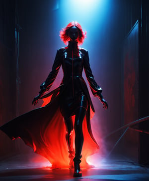 she is Liquid Metal meets project X-wave in synthetic fashion, silhouette, grungy, dark, dangerous, dynamic composition and dramatic lighting, black, neon red, haze,HellAI,pretopasin
