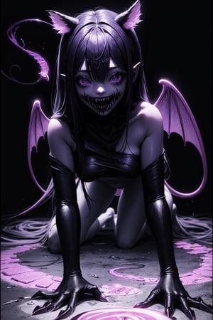 abo, horror, glowing, 1girl, solo, long hair, looking at viewer, open mouth, tail, full body, purple hair, nude, wings, colored skin, monster girl, all fours, claws, purple skin, black skin