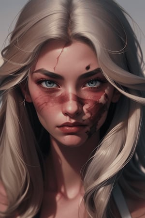 better_scar, 1girl, cracked skin, veins, female focus, burn scar, scar on nose, long hair, white hair,hair between eyes, closed mouth, solo, looking at viewer, portrait, mountain
