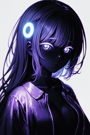 monochrome,glowing,1girl,solo,long hair,looking at viewer,short hair,black hair,black eyes,colored skin,black background,chromatic aberration,glitch,