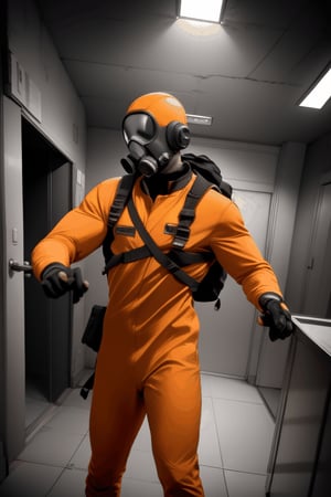 masterpiece, best quality, lethal, orange jacket, pilot helmet, hazmat suit, uniform, bag, bodysuit, backpack, jumpsuit, flat color, ((danse)), solo, indoors, dark, darkness, lethal