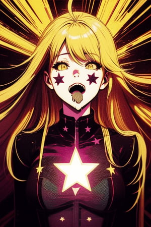 monochrome,glowing,1girl,solo,long hair,open mouth,blonde hair,ahoge,star (symbol),drooling,=_=,colorful,abstract,