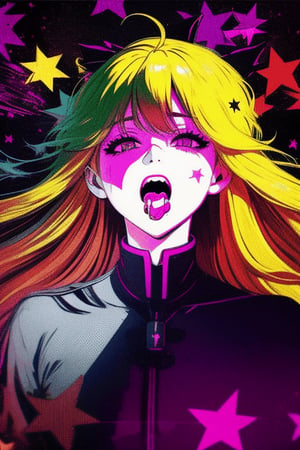 monochrome,glowing,1girl,solo,long hair,open mouth,blonde hair,ahoge,star (symbol),drooling,=_=,colorful,abstract,