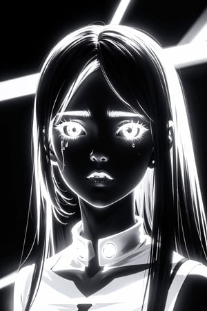 monochrome,glowing,1girl,solo,looking at viewer,black hair,tears,one-eyed,abstract,cyclops