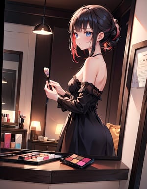 Masterpiece, top quality, high definition, artistic composition, 1 girl, (wearing makeup), cosmetics, looking into makeup table, from side