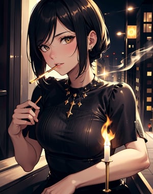 Masterpiece, top quality, high definition, artistic composition, cartoon, 1 woman, black dress, 1930s America, city at night, cigarette in mouth, lighting cigarette with match, striking, face in darkness, close-up of face, match light, smoke