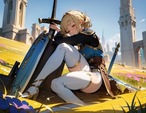 masterpiece, top quality, high definition, artistic composition, 1 girl, fantasy, warrior, (tired), resting, looking up to the heavens, hugging own legs, leaning on a large package, large sword resting, large shield resting, meadow, blue sky, ruins, from the side
