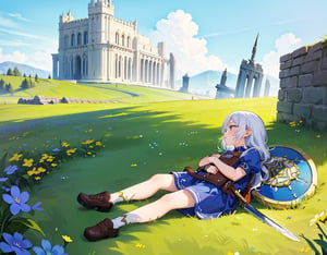 masterpiece, top quality, high definition, artistic composition, 1 girl, fantasy, warrior, (tired), resting, looking up to the heavens, hugging own legs, big bag on the ground, big sword on the ground, big shield on the ground, meadow, blue sky, ruins, from side,petite