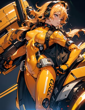 Masterpiece, Top Quality, High Definition, Artistic Composition, 1 Girl, Heavy Equipment Cockpit, Futuristic, Orange and Yellow Bodysuit, Android Style, Piloting, Angry, Dutch Angle, Bold Composition, Headset, Looking Away