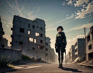 masterpiece, top quality, artistic composition, realistic, 1 girl, fallout, VOLT suit, 1950's American residential area, ruins, post nuclear war, wide shot, bold composition, apocalypse,<lora:659111690174031528:1.0>