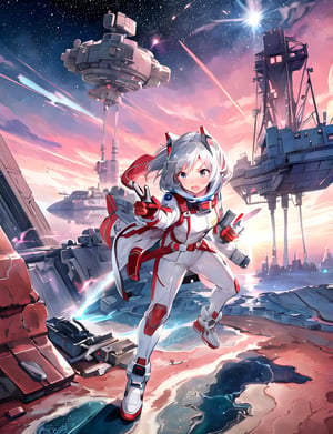 One girl, embarrassed, panicked, retro silver space suit, no helmet, retro silver ray gun, two hands, action pose, anime, retro design, future city on Mars, high definition, wide shot, red sky, artistic composition, long shot, weightless, upside down city view







