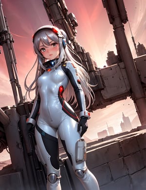 Masterpiece, Top Quality,One girl, embarrassed, flustered, retro silver space suit, no helmet, action pose, retro design, futuristic city on Mars, high definition, wide shot, red sky, artistic composition, long shot, weightless, floating upside down









