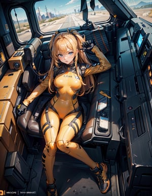 Masterpiece, Top Quality, High Definition, Artistic Composition, 1 Girl, Heavy Equipment Cockpit, Futuristic, Orange and Yellow Bodysuit, Android Style, Piloting, Angry, Dutch Angle, Bold Composition