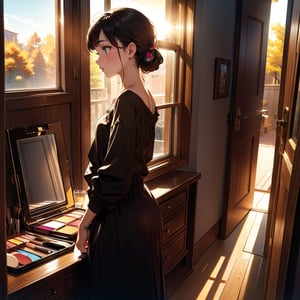 Masterpiece, top quality, high definition, artistic composition, one girl, (wearing makeup), cosmetics, dresser, from the side, window, sun shining