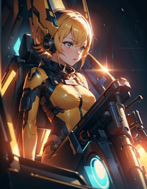 Masterpiece, Top Quality, High Definition, Artistic Composition, 1 Girl, Heavy Equipment Cockpit, Futuristic, Orange and Yellow Bodysuit, Android Style, Piloting, Angry, Dutch Angle, Bold Composition, Headgear, Looking Away, Action, Dynamic, Motion Blur