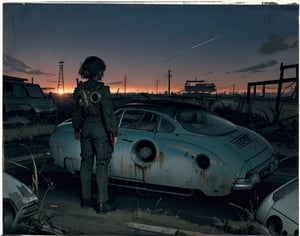 masterpiece, top quality, artistic composition, realistic, 1 girl, fallout, VOLT suit, 1950s US residential area, ruins, post-nuclear war world, wide shot, bold composition, apocalypse, 1960s science fiction, dirty, filthy, decaying car, back view, vast ruins,<lora:659111690174031528:1.0>