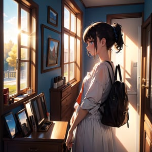 Masterpiece, top quality, high definition, artistic composition, 1 girl, making up, hurrying, cosmetics, dresser, from the side, window, sun shining