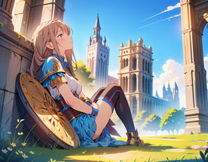 masterpiece, top quality, high definition, artistic composition, 1 girl, fantasy, warrior, (tired), resting, looking up to the heavens, hugging own legs, leaning on a large package, large sword resting, large shield resting, meadow, blue sky, ruins, from the side
