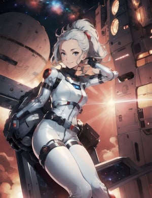 Masterpiece, Top Quality,One girl, smirking, retro silver space suit, no helmet, action pose, retro design, futuristic city on Mars, high definition, wide shot, red sky, artistic composition, long shot, weightless, she is floating in the air, hair spread









,masterpiece