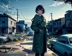 masterpiece, top quality, artistic composition, realistic, 1 girl, fallout, VOLT suit, 1950s American residential neighborhood, ruins, post-nuclear war world, wide shot, bold composition, apocalypse, 1960s science fiction, dirty, filthy, decaying car,<lora:659111690174031528:1.0>