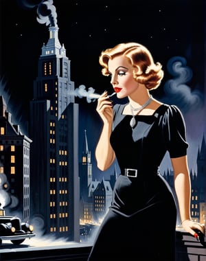 Masterpiece, top quality, high definition, artistic composition, cartoon, 1 woman, black dress, 1930s America, city at night, cigarette in mouth, smoke coming from cigarette, striking, face in darkness, gas light