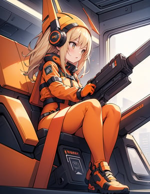 Masterpiece, Top Quality, High Definition, Artistic Composition, 1 Girl, Heavy Equipment Cockpit, Futuristic, Orange and Yellow Bodysuit, Android Style, Piloting, Angry, Dutch Angle, Bold Composition, Headgear, Looking Away, Action, Dynamic, Motion Blur, Sitting In Cockpit, Top, Pinch