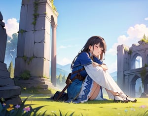 masterpiece, top quality, high definition, artistic composition, 1 girl, fantasy, warrior, (tired), resting, looking up to the heavens, hugging own legs, big bag on the ground, big sword on the ground, big shield on the ground, meadow, blue sky, ruins, from side