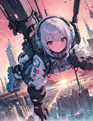 Masterpiece, Top Quality,One girl, embarrassed, flustered, retro silver space suit, no helmet, action pose, retro design, futuristic city on Mars, high definition, wide shot, red sky, artistic composition, close-up of face, weightless, floating upside down









