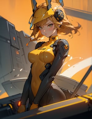 Masterpiece, Top Quality, High Definition, Artistic Composition, 1 Girl, Heavy Equipment Cockpit, Futuristic, Orange and Yellow Bodysuit, Android Style, Piloting, Angry, Dutch Angle, Bold Composition, Headgear, Looking Away, Action, Dynamic, Motion Blur