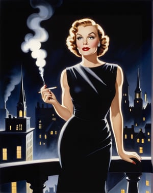 Masterpiece, top quality, high definition, artistic composition, cartoon, 1 woman, black dress, 1930s America, city at night, cigarette in mouth, smoke coming from cigarette, striking, face in darkness, gas light