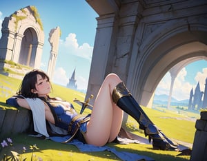 masterpiece, top quality, high definition, artistic composition, 1 girl, fantasy, warrior, (tired), resting, looking up to the heavens, hugging own legs, leaning on a large load, large sword resting, meadow, blue sky, ruins, from the side
