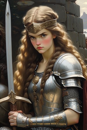 (by John Collier, John William Waterhouse, pinup style, silver, gold), perfect anatomy, Brunhilde, Viking woman holding a sword, (helmet, long braided hair, chainmail armor, carrying a spear), soft, cute face, female, blush, dreamy, more detail XL