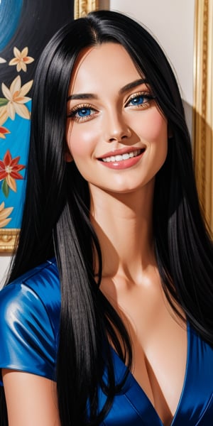 Nico Robin, black long straight hair, blue eyes, straight nose, big smile, oil painting, detailed, masterpiece
