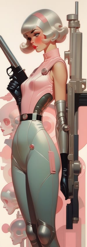 (by Loish, Leyendecker, james gilleard), perfect anatomy, 1920s pinup girl, retro space theme, silver fins, blaster pistols, SamYangstyle, soft, cute face, soft colors, female, blush, dreamy, pastel, more detail XL, 