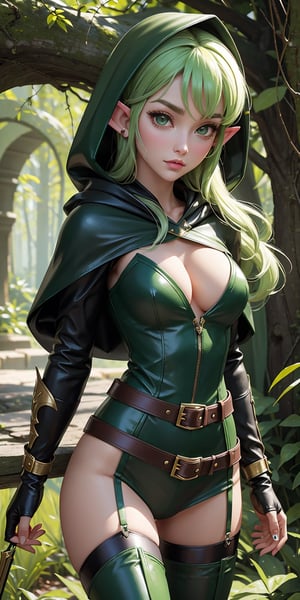 beautiful elf girl ((elf ears)), very sexy, (best body, green, leather ranger costume, leather thigh boots, (black hood and cloak and dagger, belts)), skin folds, inside a dark cave, soft, cute face, soft colors, female, blush, dreamy, pastel,more detail XL,