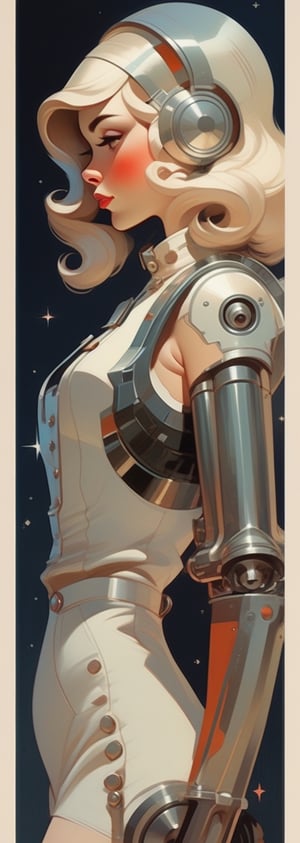 (by Loish, Leyendecker, james gilleard), sideview, perfect anatomy, 1920s pinup girl, cute face, long hair, retro space theme, silver, rivets, blaster pistols, more detail XL
