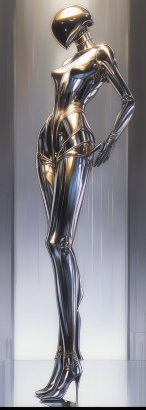 (by Hajime Sorayama), (fembot, metallic:1.4), (glossy metalic:1.3), 1920s pinup style, black stockings, correct_anatomy, sexy, light particles, chromatic aberration:1.3, more detail XL,

