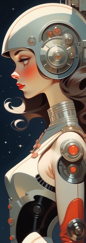(by Loish, Leyendecker, james gilleard), sideview, perfect anatomy, 1920s pinup girl, cute face, long hair, retro space theme, silver, rivets, blaster pistols, more detail XL