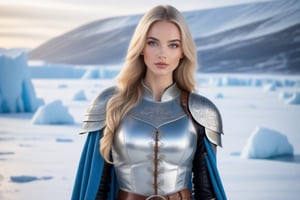(The image shows a beautiful, slender and captivating full-length figure: 1.6), Young woman with long blonde hair, piercing realistic blue eyes, smooth skin, dressed in beautiful medieval armor. She is standing in a landscape of arctic ice and snow, my image shows the woman in full body (beautiful armor on the waist of her legs), (she is wearing leather boots: 1.3), her armor containing chain mail is a outstanding feature. of your outfit, giving you a unique and striking appearance.