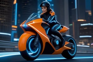 Film archive image from the Tron Legacy movie, Quorra driving her futuristic motorcycle with style from the Tron Legacy movie, Quorra has light blue eyes, perfectly defined and with a penetrating and challenging look, her hair is short and straight black, her skin is soft and pale, natural and realistic texture, the whole body in dynamic and confident posture, leaning forward and firmly gripping the motorcycle handlebars. Her neon orange suit is impressive, the futuristic motorcyclist has neon orange details that glow in the dark. . Futuristic motorcycle with bright neon orange armor with aerodynamic and futuristic design with Tron Legacy style with elegant lines and neon orange and black colors that combine perfectly with Quorra's outfit. Quorra's armor has technological details such as LED lights, holographic panels and an energy engine that glows in an intense blue color. Speed: The motorcycle moves at high speed, leaving a trail of orange neon light in its wake. Surrounding: Lighting: Night lighting of a futuristic city, with neon lights illuminating the vibrant atmosphere of the film. Technical details: Camera: Sony A7R IV, captures the image with exceptional cinematographic quality. Cinematography: Cinematographic photography, with careful composition and lighting to create an exciting and dynamic atmosphere. Style: Hyperrealistic, with an extreme level of detail that simulates reality in an impressive way. Attractive: Shocking and action-packed image, reflecting Quorra's audacity and rebellion. Focus: Sharp focus on Quorra and the futuristic motorcycle, maintaining sharpness throughout the frame. Lighting: Natural lighting with subsurface dispersion, which provides realism and depth to the image. Aperture: f/2 aperture for a soft, blurry bokeh background, highlighting Quorra and the bike. Focal length: 35mm focal length, ideal for capturing action and perspective of the environment. Film Grain: Subtle film grain that adds a retro cinematic feel to the image. Quality: High quality image and great detail, with a resolution of 8k to guarantee exceptional sharpness. Quorra should be a mix of focus, determination and satisfaction at speed. Position: Quorra's pose must be firm and safe, conveying a feeling of control and mastery of the motorcycle.