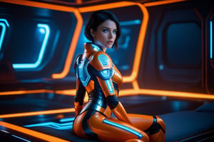 Image of Quorra including all her hair, realistic character from the Tron Legacy movie, (clear, perfect, well-defined blue eyes: 1.5), (full body image on her bed: 1.2), looking forward, (Quorra dressed in neon crystal armor PBR material Bright orange fire-colored luni LED with high detail: 1.3), blue glass eyes, short and straight black hair, soft and pale skin, dystopian, cinematic lighting, orange neon lights that give a great impact to the scene, darkness, neon lights, (SFX film file background and VFX window: 1.3), Sony A7R IV, film stock photography, hyper-realistic, sexy, Alluring, sharp focus, natural lighting with subsurface dispersion. f/2 aperture, 35mm focal length, film grain. High quality image and great detail, 8k resolution.
